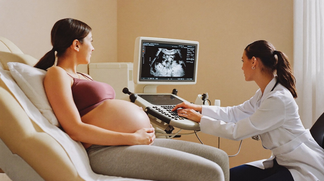 Hamilə qadın mama-ginekoloq ilə ultrasəs müayinəsinin nəticəsini birlikdə nəzərdən keçirir — hamiləliyin həftələri mövzusunda illüstrasiya